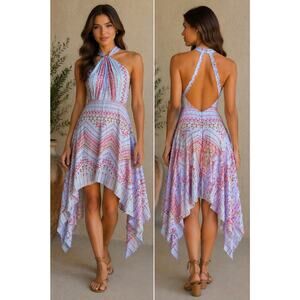 BCBG Maxazria Halter Keyhole Asymmetric Sz 12 Dress Geometric Print Y2K Boho